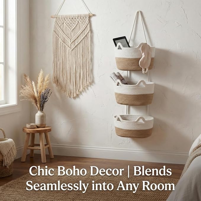 Hanging Basket, Woven 3 Tier Over Door Basket with 4 Hooks | Hanging Storage Basket for Door, Wall, Nursery, Bathroom, Bedroom, Decorative Over Door Basket with Cute Cat-Like Style
