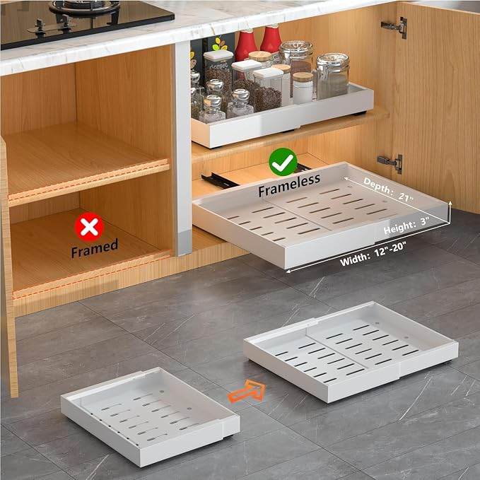 4 Pack Expandable Pull Out Cabinet Organizer | fixed by nano adhesive film, no drilling, heavy duty sliding drawer, suitable for kitchen, pantry cabinet storage