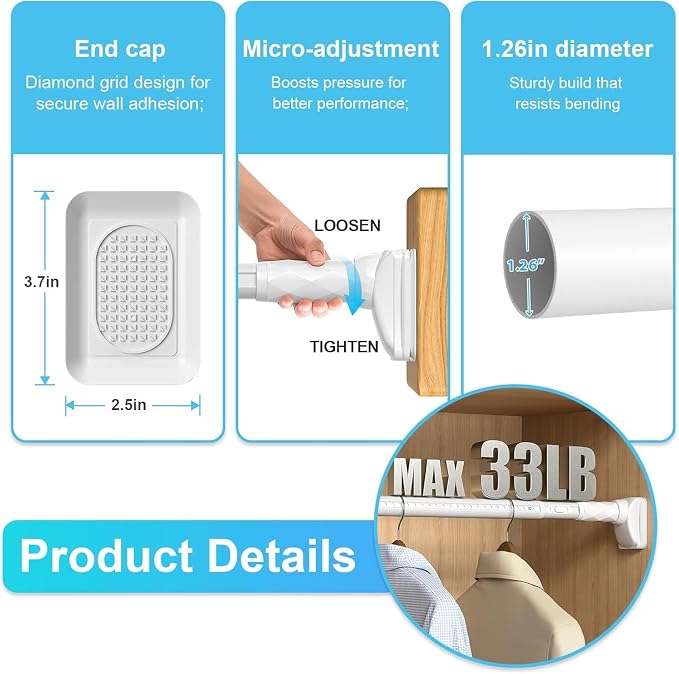 Closet Rods For Hanging Clothes,41-67 In Extra Long Tension Rod For Closet,Adjustable Rod Without Drilling 33lb Heavy Duty Closet Rods Diameter 1.26in-One-Bond Stretching,White