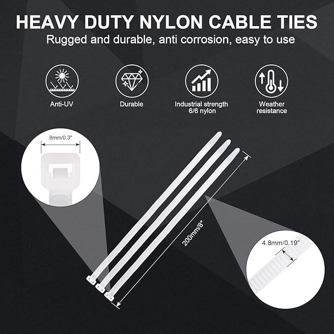 Clear Zip Ties Heavy Duty 8 Inch(100 Pack), 50lb, White Cable Ties, Zipties | Made of Premium Plastic Nylon, UV Resistant & Weatherproof, Ideal for Indoor & Outdoor Wire Ties & Electrical Cord Management