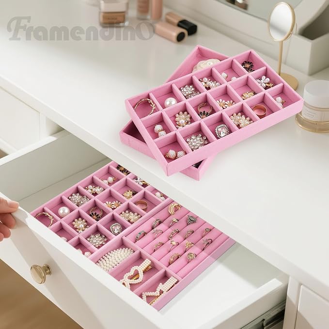 Framendino, 4 Pack Velvet Jewelry Organizer for Drawers Inserts Pink Stackable Earrings Bracelets Necklace Trays