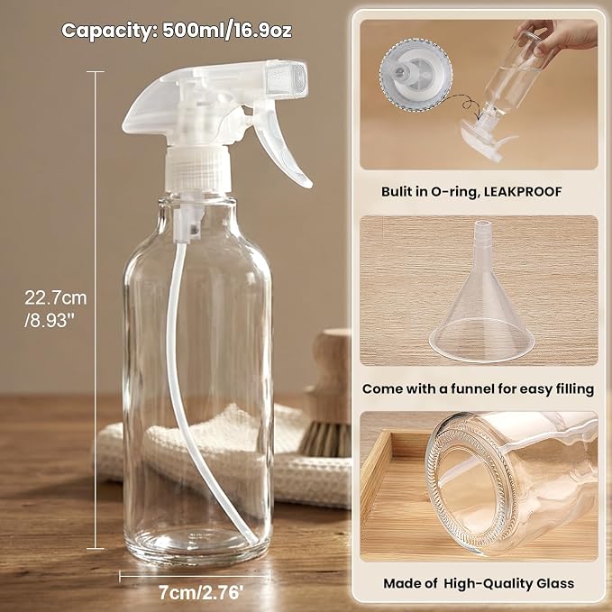 16.9oz Glass Spray Bottles 2 Pack, 360° Any-Angle Spraying | Refillable Leak-proof Bottles with Adjustable Nozzle; Ideal for Cleaning, Essential Oils, Plants & Hair Care