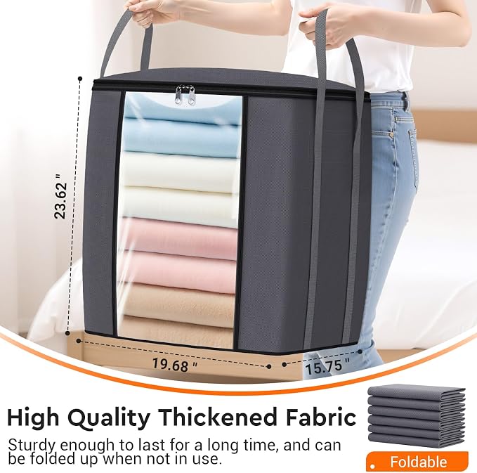 TasticTotes 120L Extra Large Blanket Clothes Storage Bags, Black, 6 Pack | Foldable Blanket Storage and Organization, Thick Fabric Containers with Reinforced Handles & Zippers for Comforters, Bedding