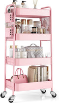 TOOLF 4 Tier Rolling Cart with Pegboard, Metal Storage Organizer Cart with Wheels, Hooks & Bins Esthetician Craft Art Sturdy Storage for Bathroom, Kitchen, Office, Nursery Diaper