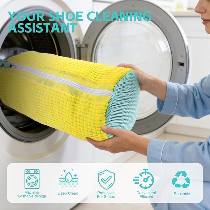 Shoe Washing Machine Bag 4pcs Reusable Sneaker Washing Bag with Built-in Fluffy Brushes for 360° All-Around Cleaning. Laundry Shoe Bag is Designed for Washer and Dryer （Yellow 4pcs）