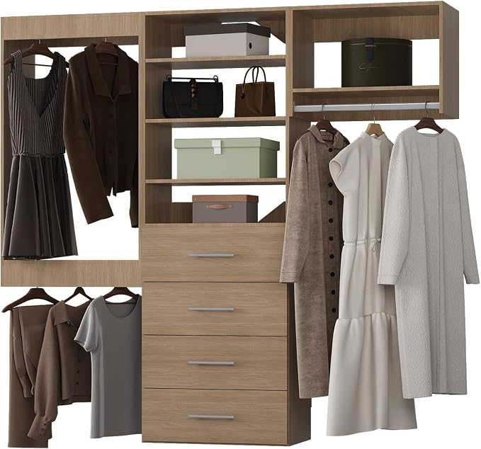 ROOMTEC Modular Closet System, 72" Wall Mounted Closet Organizer with Hanging Rods and Drawers, Modern Wooden Tower for Walk-In Closets, Wardrobe Storage Kit, Wood