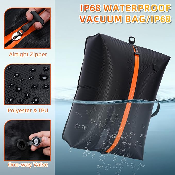 Large Travel Vacuum Storage Bag with Wireless Pump, 44L Compression Bags for 22" Suitcases+, IP68 Waterproof, 1200mAh Rechargeable Pump for Clothes, Blanket, Luggage, Backpacking