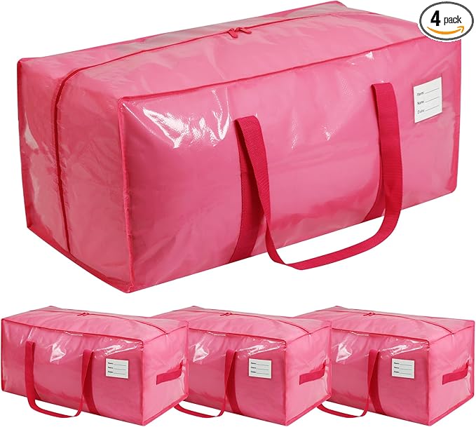 VTSVTS 4 Pack Extra Heavy Duty Large Moving Bags with Comfortable Handle & Strong Zipper,Storage Totes for Space Saving Moving Storage College Supplies Alternative to Moving Box,Pink