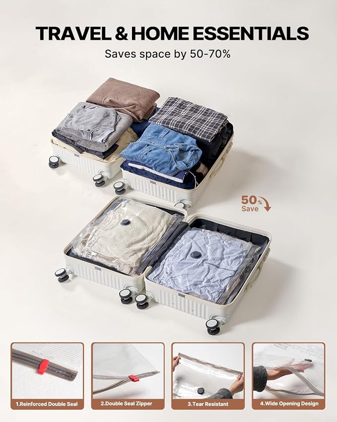 Vacuum Seal Bags for Clothing Travel, VINTAR 24 Pack Vacuum Storage Bags with Rechargeable Wireless Pump, Space Saver Bags(6 Jumbo+6 Large+6 Medium+6 Small) for Travel Luggage, Suitcase Storage