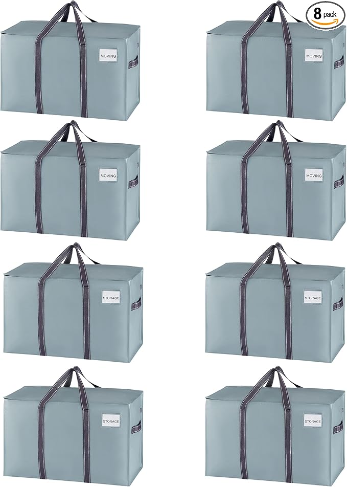 VENO 8 Pack Heavy Duty Moving Bags, Extra Large Storage Bags with Reinforced Handles & Strong Zippers, Foldable & Reusable Moving Box Alternative for Clothes & Dorm Storage