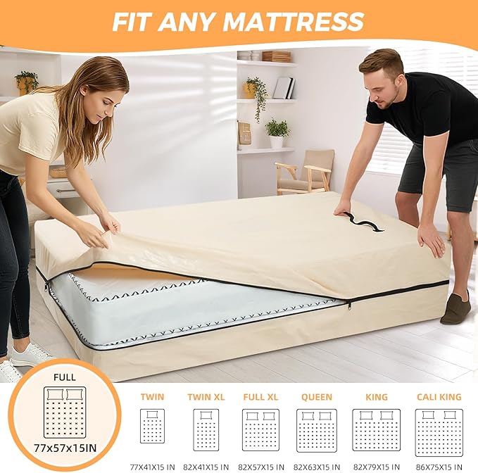 BAGAIL Mattress Bags for Moving, Mattress Covers with Heavy Duty Handles, Reusable Mattress Storage Bag for Moving Supplies(Beige, Full)
