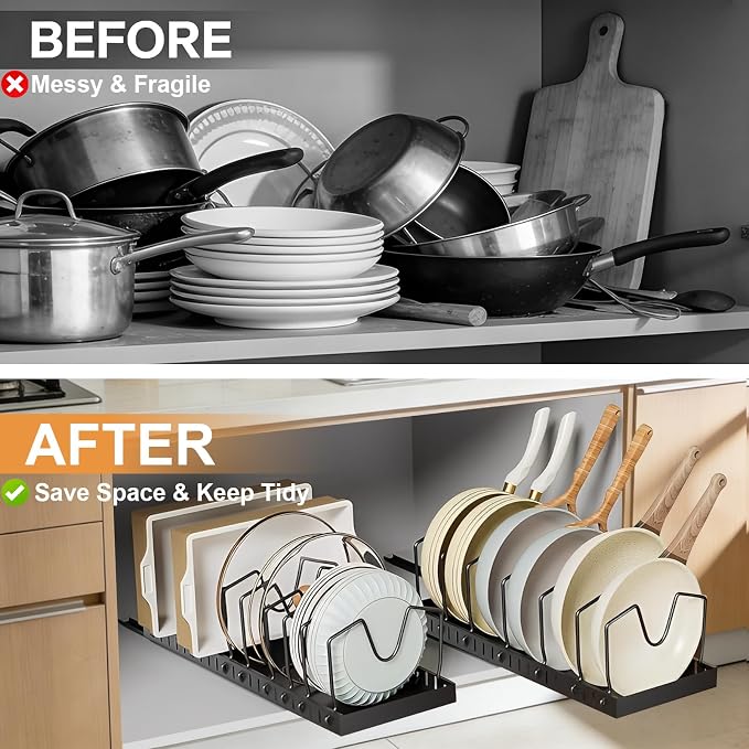 XIAPIA 2 Pack Pull Out Pots and Pans Organizer Under Kitchen Cabinet | Pot Lid Organizer, Slide Out Cookware Storage Rack with 8 Adjustable Dividers, Pull Out Shelves for Dishware Seasoning, Black