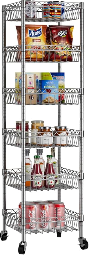 Golpart Basket Shelves Closet Rack with Wheels Metal Pantry Wire Shelf Unit | 6 tier Storage Rolling Shelving Bathroom Organizers Kitchen Garage Laundry Room Organization Home 13.6"Dx13.6"Wx63"H Grey