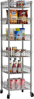 Golpart Basket Shelves Closet Rack with Wheels Metal Pantry Wire Shelf Unit | 6 tier Storage Rolling Shelving Bathroom Organizers Kitchen Garage Laundry Room Organization Home 13.6"Dx13.6"Wx63"H Grey