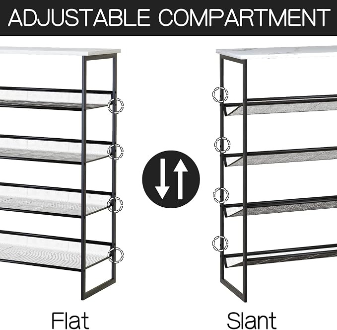 Garden 4 you Shoe Rack for Entryway 5 Tiers 11.8" D x 29" W x 36.5" H, Metal Shoe Rocks with White Wooden Tabletop, Angled Shoes Rack with Adjustable Mesh Shelves for Entryway Hallway Closet