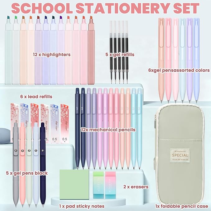 50 PCS Aesthetic School Supplies with Cute Pen Case,12 Pastel Highlighters,5 Black Ink Gel Pens, 12 Mechanical Pencils Set 0.5 & 0.7 mm 6 Color Gel Pens for Students Stationary College Essentials