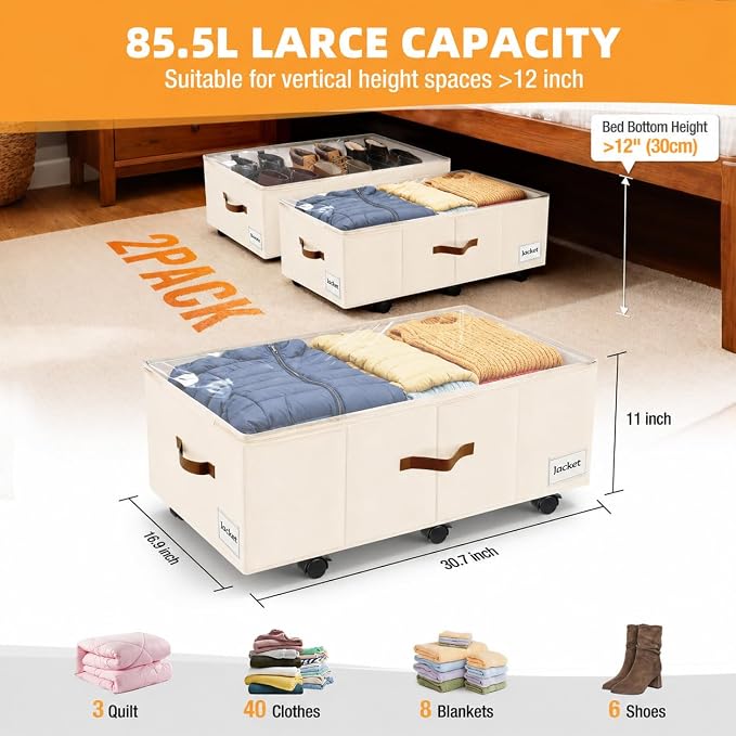 Under Bed Storage with Wheels,Underbed Storage with Sturdy Sidewalls/Bottom, Clear Cover, Label and PU Handle, Rolling Under Bed Drawers for Clothes, Shoes, 11 Inch Height,Beige, 2 Pack