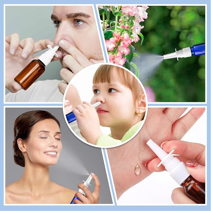 10 Pcs Nasal Spray Bottle, 0.35OZ 1OZ Empty Glass Blue Nasal Spray Bottles Refillable with 2 Funnels and 2 Labels