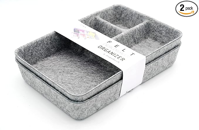 Welaxy Junk Drawer Organizer bin 4 Compartments Office Organizers Bins Felt Trays Drawers 2 dividers Multi-Purpose Storage (Grayx2)