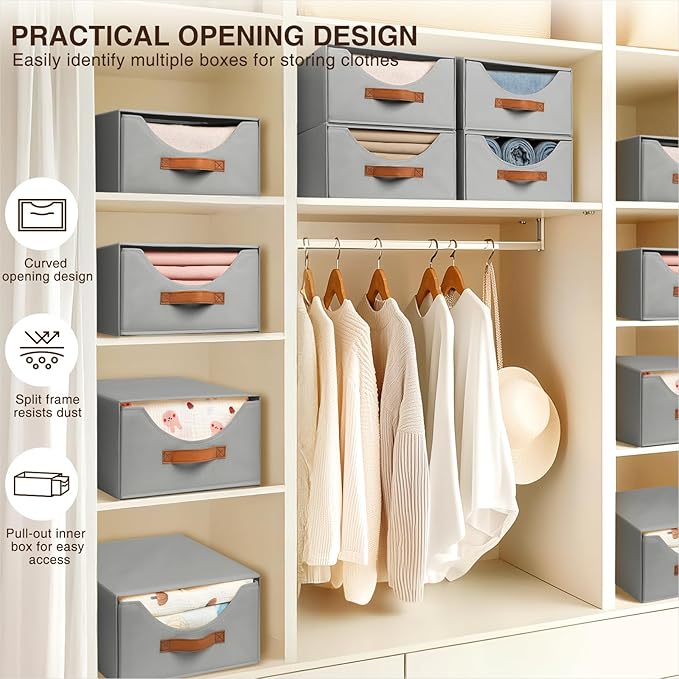 Homsorout Stackable Storage Drawers - Collapsible Storage Bins with Drawers, 6 Pack Closet Shelf Organizer Basket, Fabric Pull Out Organizer for Bedroom, Living Room, Dorm, Grey