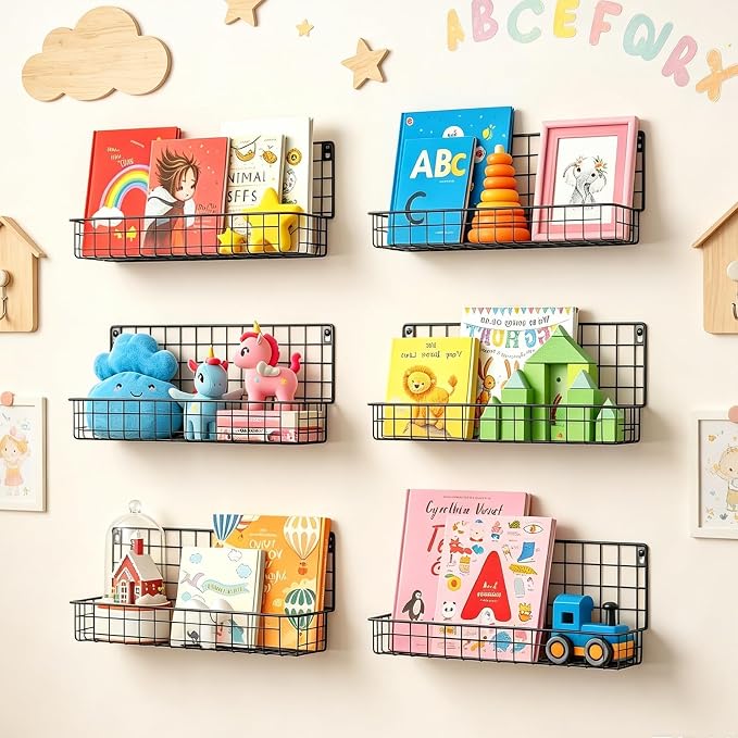 X-cosrack 4-Pack Wall Mounted Metal Kids Bookshelf, Floating Book Shelves for Kids Nursery Toddler Classroom, Hanging Book Shelf Organizer for Room Decor, Black
