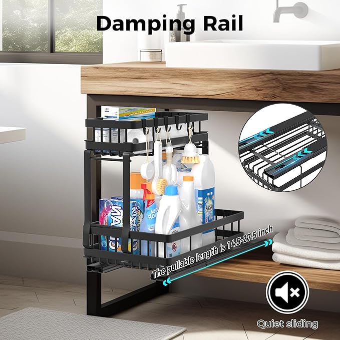 Upgrade Under Sink Organizer for Bathroom Kitchen, 2 Tier Cabiner Slide Out Shelves Basket Stable Carbon Steel Shelf Storage for Home, Laundry Room