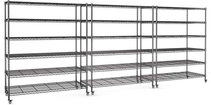 AIRAJ 6 Tier Wire Shelving 3 Pack | 46”W Storage Shelves with Wheels | 3600 LBS Metal Shelving Heavy Duty | Garage Shelving Units and Storage | Wire Rack Adjustable Layer Height | 46”W×18”D×80”H