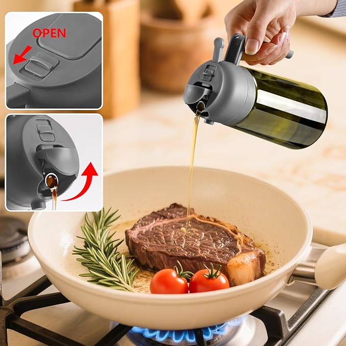 SWEET VIEW 2PCS Olive Oil Dispenser and Oil Sprayer | 16oz/470ml Glass Light-Proof Oil Pourer for Kitchen Air Fryer, Cooking, Salad, and BBQ, with Stickers