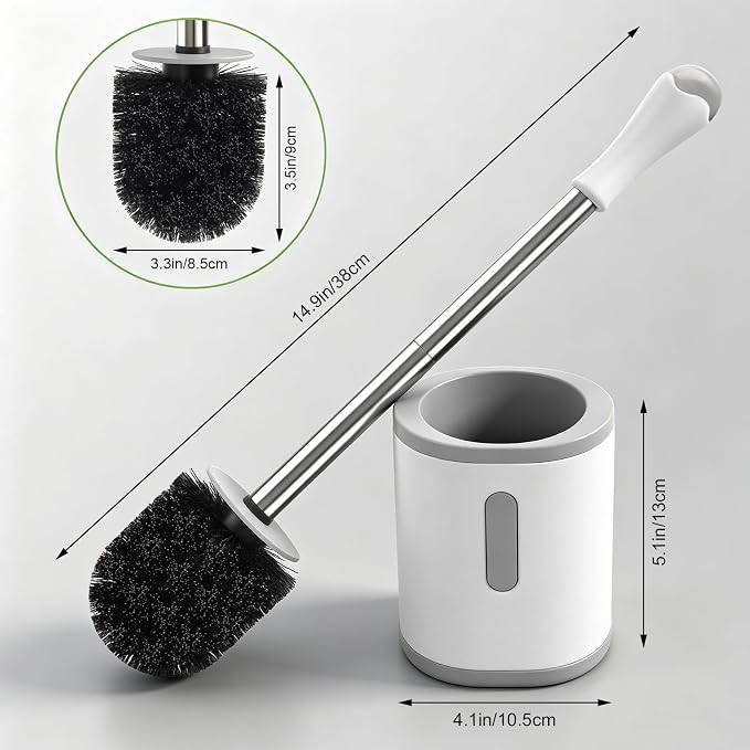 AONEZ Compact Toilet Brush & Holder, Stainless Steel Handle, Space Saving for Storage, Deep Cleaning, Drip-Proof, Easy to Assemble, Nylon Bristles, White & Grey