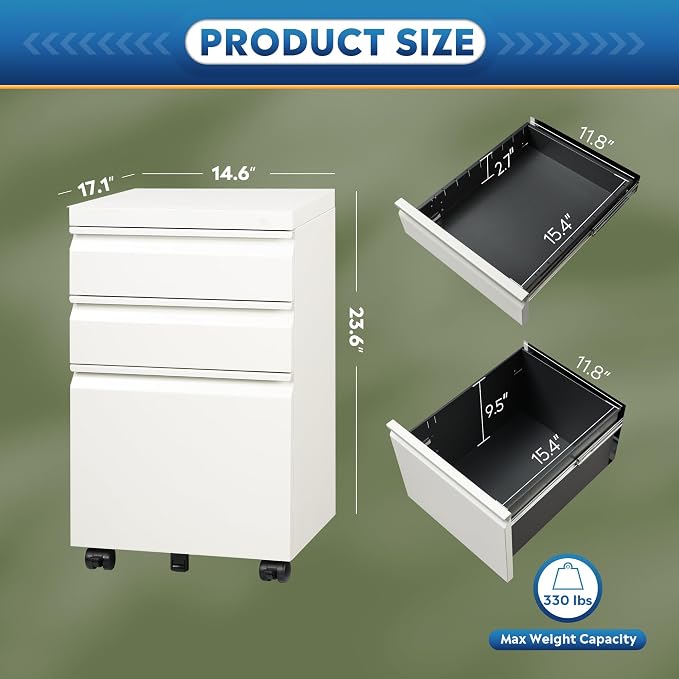 DEVAISE 3 Drawer Mobile File Cabinet with Lock, Under Desk Metal Filing Cabinet for Home Office/Legal/Letter/A4 File, Fully Assembled Except Wheels, White