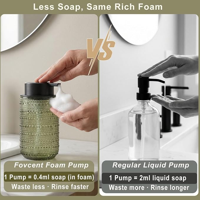 Green Glass Foaming Soap Dispenser, 2 Pack Vintage Foam Hand Soap Dispenser, 14 OZ Hobnail Texture Foam Dispenser with Black Pump for Bathroom, Kitchen, Refillable, Nordic Modern Farmhouse Decor ﻿