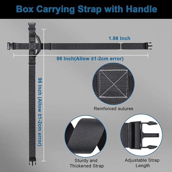 Box Carrying Strap with Handle Adjustable Straps for Battery Box Handheld Belt Carry Straps for Safely Moving and Lifting Heavy Boxes (Black, 96 Inch)