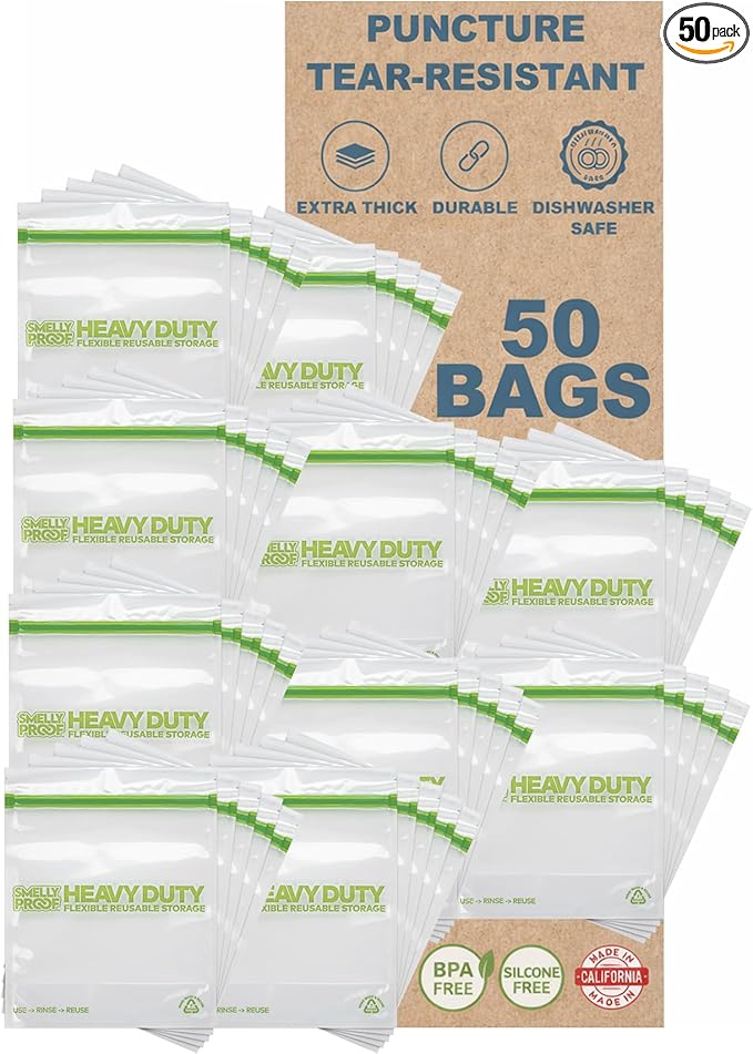 50pcs BULK DEAL, Reusable Extra HEAVY DUTY Bags Thick 5mil Reclosable Bags, BPA-Free, Washable Dishwasher-Safe, Made in USA Resealable Thick, FLAT Large Quart 10" x 8.5" - 50 pcs