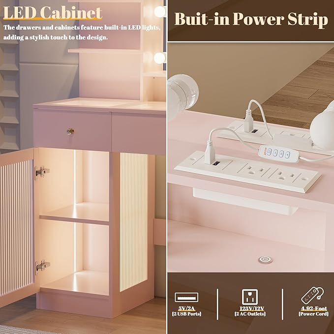 INNOD 40" Vanity Desk with Large Mirror and Lights, Modern Glass Top Makeup Vanity Set with Power Outlet,Pink