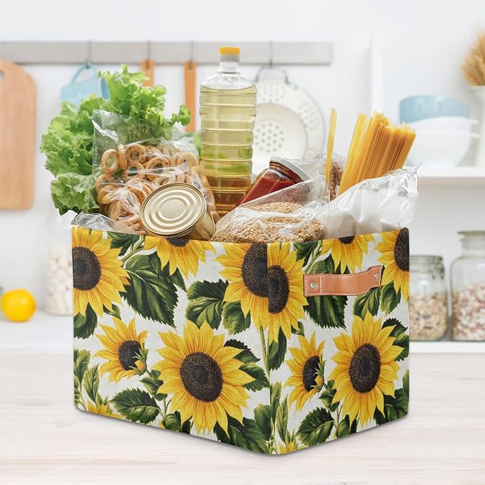 Rectangle Storage Baskets for Shelves, Bright Sunflower Print Storage Cube Organizer Bins Collapsible Toy Basket for Nursery Home Room