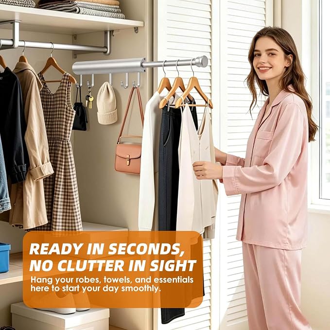 12 Inch Valet Rod for Closet Pull Out Heavy Duty Hidden Closet Valet Rod with 5 Hooks Retractable Slide Out Wardrobe Organizer Aluminum Valet Bar Silver 1 Pack