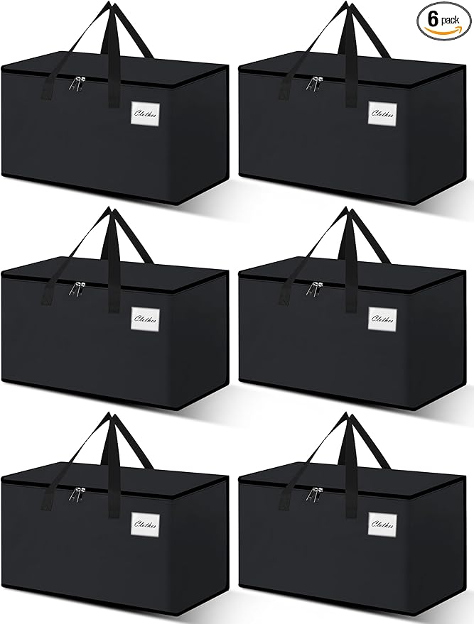 NATURELUX Heavy Duty Moving Bags - Extra Large Packing Bags and Storage Totes, Collapsible and Foldable Option for Moving and Storage, Black, 93 L - 6 Pack
