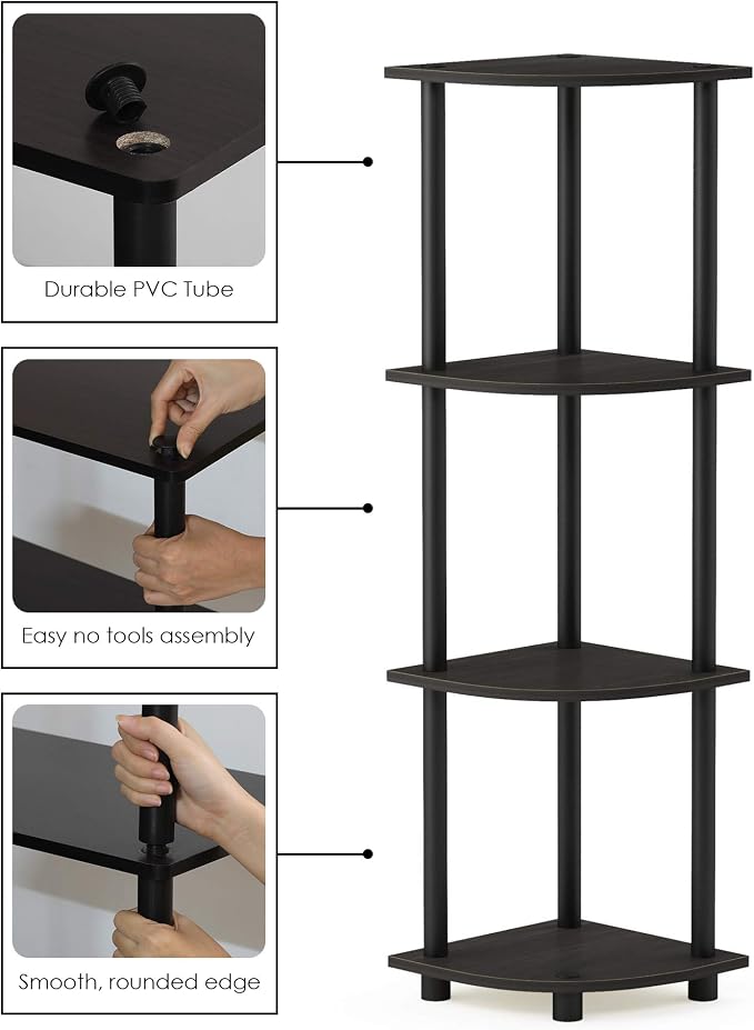 Furinno Turn-N-Tube Toolless Assembly 4-Tier Corner Shelf, Black Corner Book Shelf, Open Shelves Bookshelf, for Organization and Storage, Living Room, Home Office, Bedroom, Black Espresso