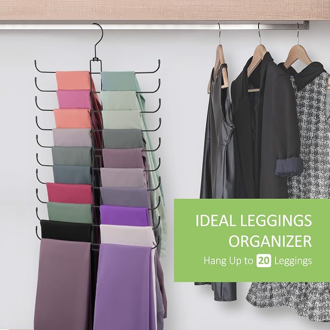 2 Pack Legging Hanger, Metal Hanging Legging Hangers for Closet Organizer Holds 40 Women's XS-XL & Girls' Leggings, 360° Rotating Foldable Yoga Pants Hangers Space Saving, Black