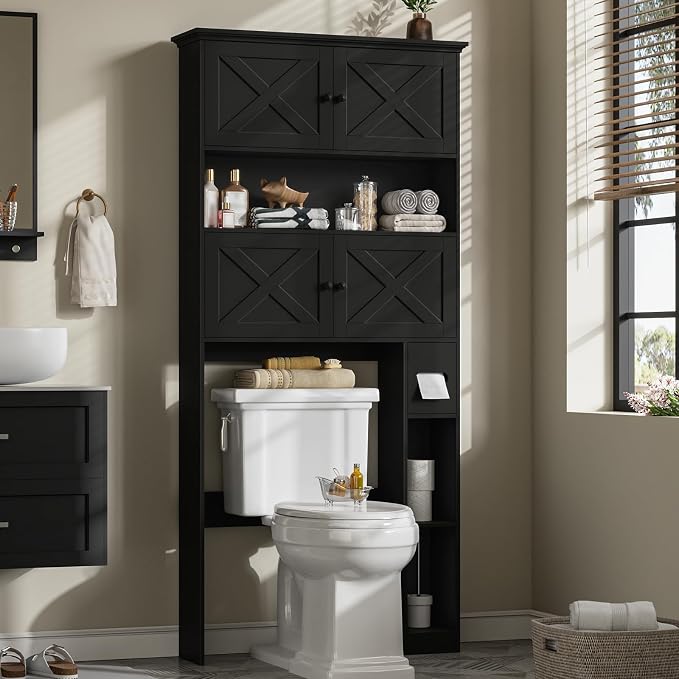 Halitaa Over The Toilet Storage Cabinet with Doors & Paper Holder, Black | Halitaa Farmhouse Toilet Shelf Home Space Saver with 4 Barn Doors & Toilet Paper Holder Stand for Restroom, Bathroom, Laundry