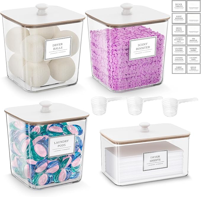 HomePekite Laundry Pods Storage Container, Clear Laundry Room Organization and Storage,Detergent Powder Container,with Wooden Lids & Labels, 3+1 Pack（White）