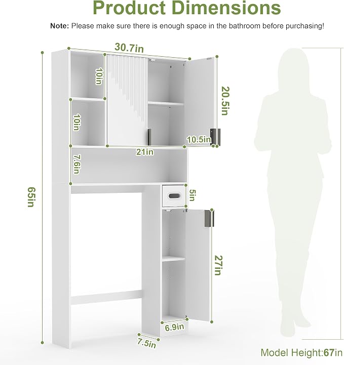 GOODONE White Over The Toilet Storage Cabinet - with 3 Doors and Toilet Paper Holder Stand, FreeStanding, for Bathroom, Restroom, Laundry