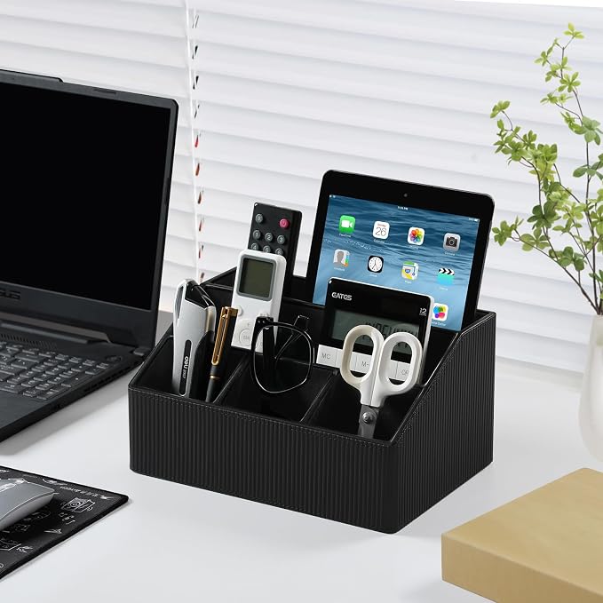 Desk Organizer Caddy with 5 Compartments for Office Art Supplies, PU Leather Nightstand Organizer Pencil Pen Desk Caddy for Home, Desktop TV Remote Control Holder Storage (Striped Black)