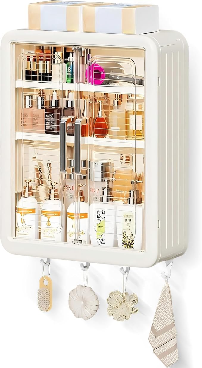 DASITON Wall Mounted Large Capacity Makeup Organizer,Dustproof Cosmetic Organizer,Bathroom Organizers and Storage,Skincare Organizers for Vanity,Bedroom(Cream 01)