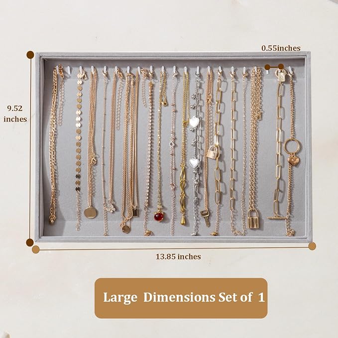 Large Jewelry Organizer for Drawer Insert Velvet Stackable Jewelry Trays for Earring Necklace Bracelet Ring Display (Gray, 20 Hooks)