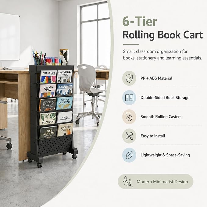 6-Tier Rolling Bookshelf Magazine Rack with Wheels Black | Mobile Bookcase, Book Storage File Folder Organizer Cart for Home Study Office Living Room Classroom