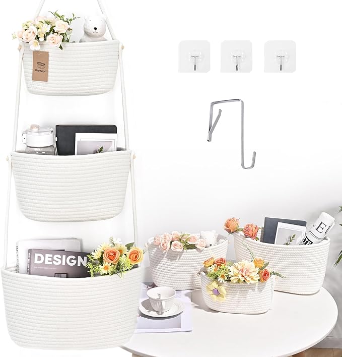 Hanging Basket, 3-Tier Woven Wall Basket with 4 Hooks, Cotton Rope Storage Baskets, Over the Door Organizer for Nursery, Bedroom, Cottage and Boho Wall Decor