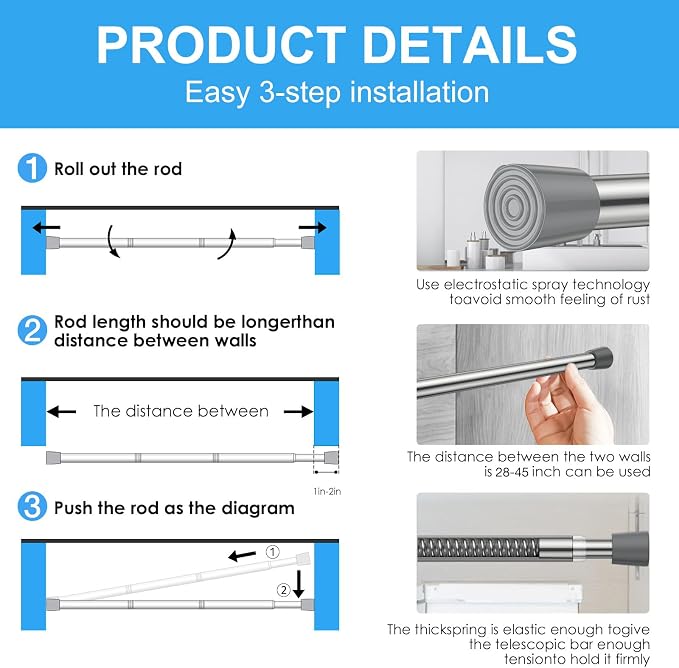 1 Pack Spring Tension Rods 28-45in, 5/8 Inch Diameter Silver No Drill Spring Loaded Adjustable Extendable, Small Short Tension Curtain Rod for Windows Kitchen Doorway Closet Cupboard