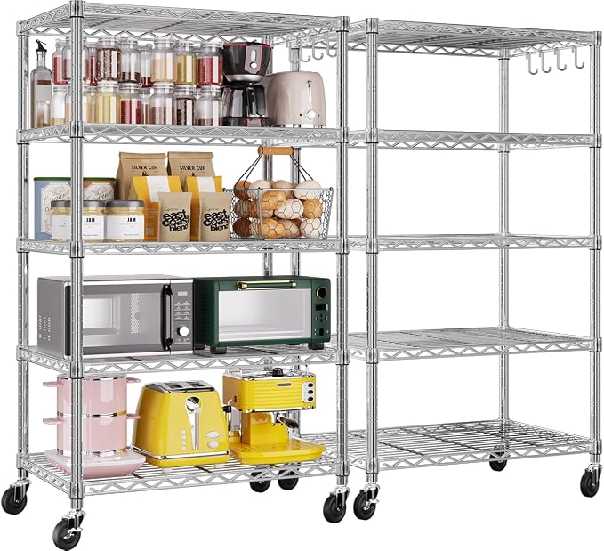 PrimeZone 2 Pack Steel Storage Wire Shelving 5 Tier Metal Shelves with Wheels,Adjustable Kitchen Utility Shelving Unit,Pantry Rack Rolling Metal Shelf Laundry,Chrome 24" Wx18 Dx75 H