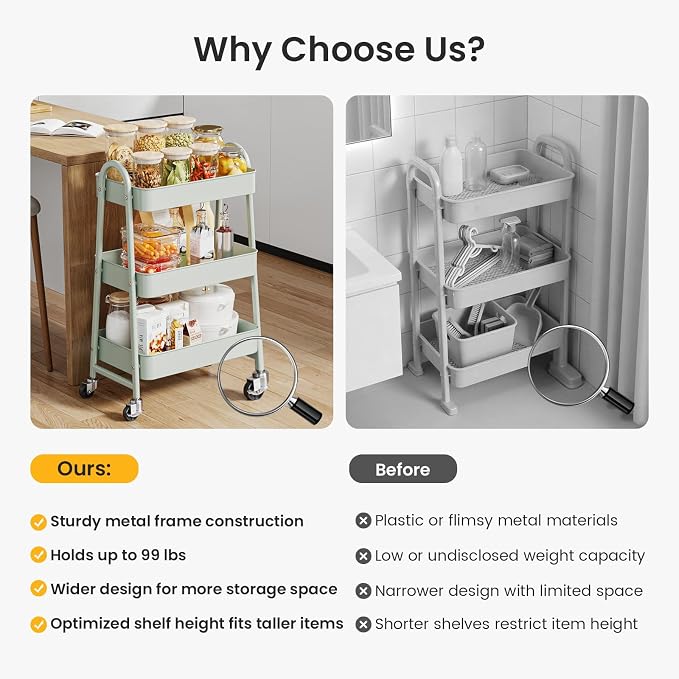 DUMOS 3 Tiers Rolling Cart, Utility Cart, Metal, Light Green | Mobile Storage, Lockable Wheels, Utility Shelving Unit, Kitchen, Bathroom, Laundry, Narrow Places